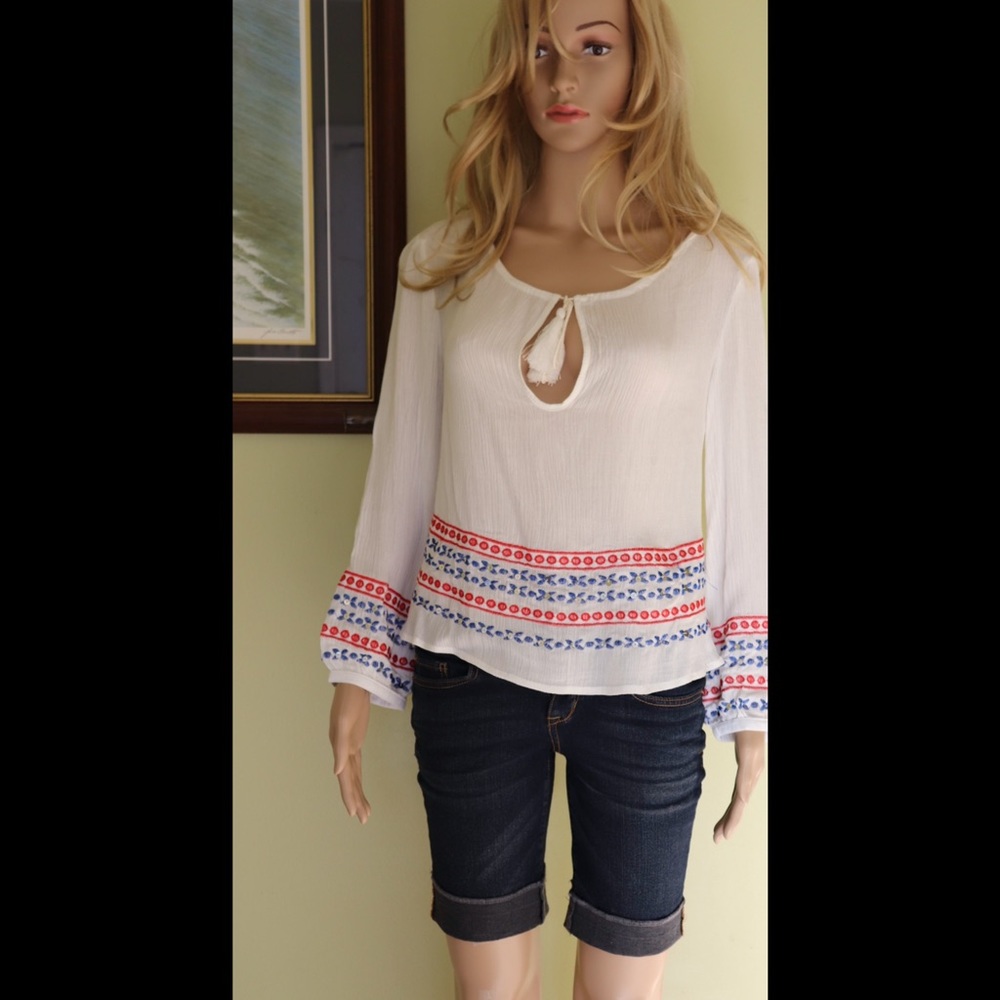 Boho Peasant Top Embroidery Sequins Puff Sleeve Tassels White Red Blue S M L - Picture 7 of 14